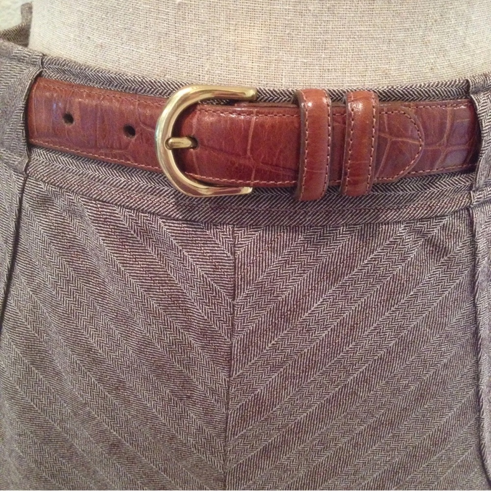 LANDS END Brown Croc Embossed Belt Solid Brass Buckle Unisex Size 28 Made In USA